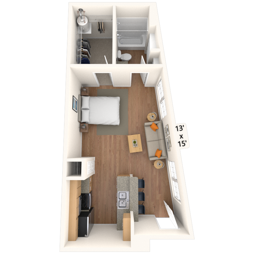 Floor plan for studio, 1 bath, 512 sqft